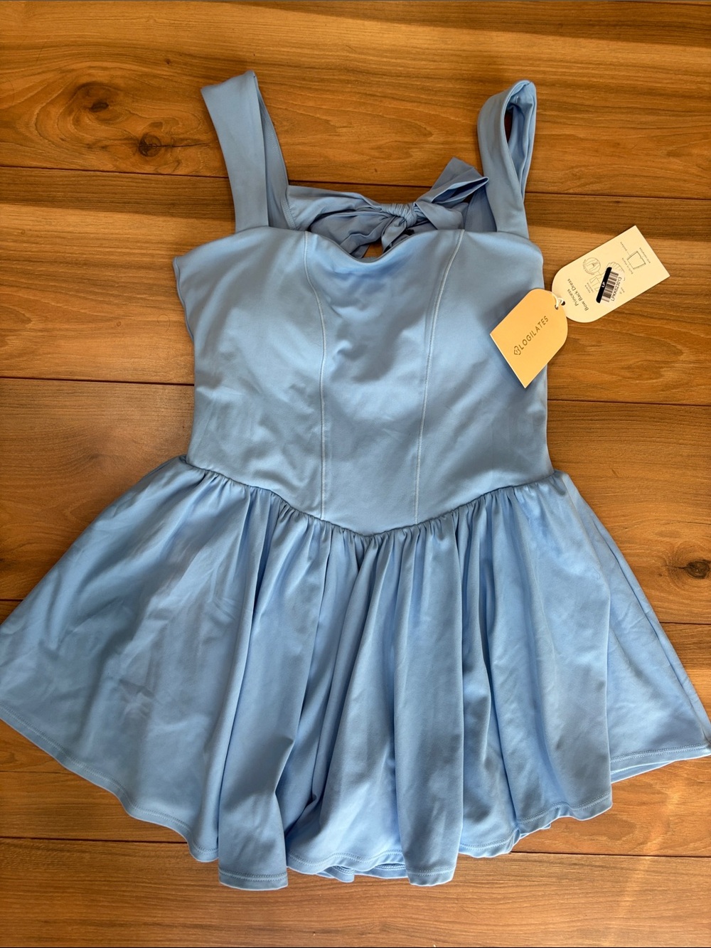 Women’s Pilates Light Blue Mini Dress with Back Bow and Built in Shorts